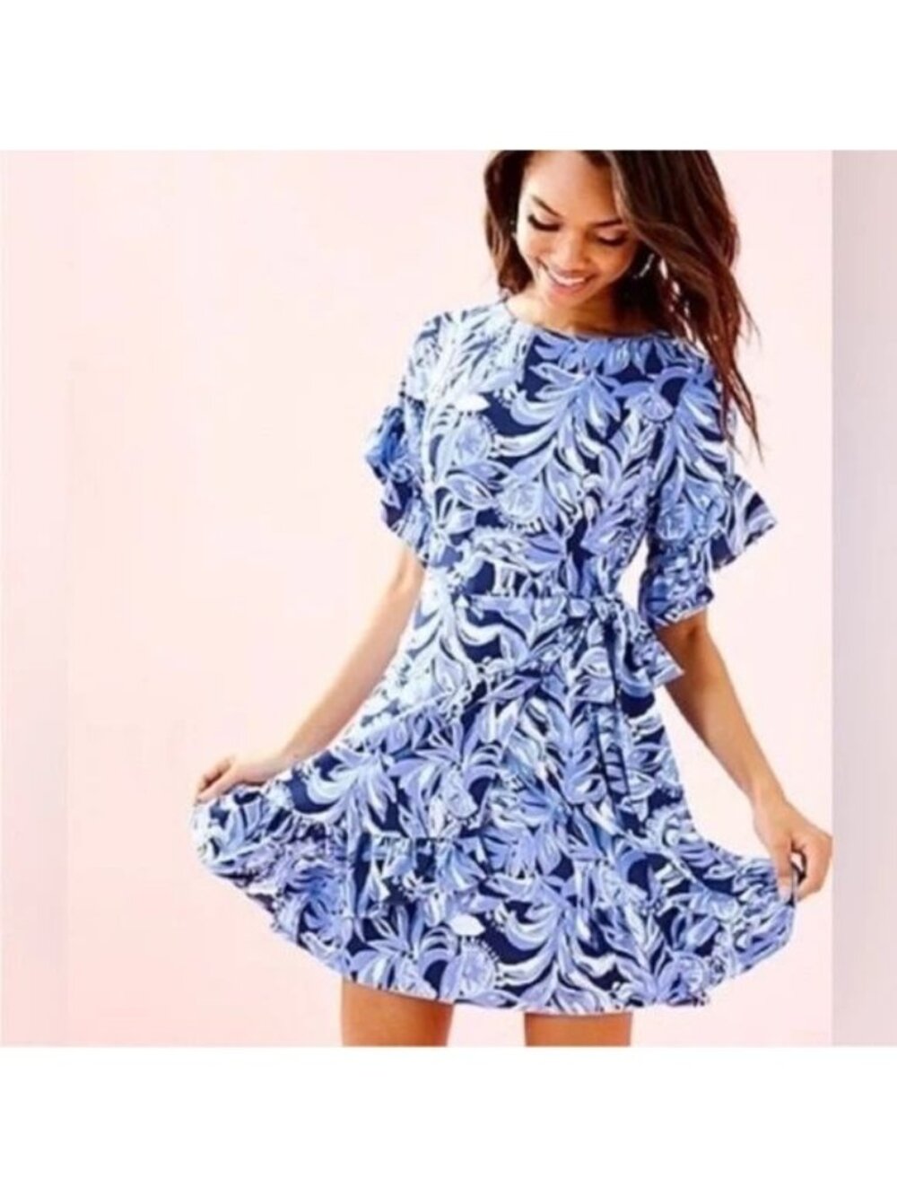 Lilly Pulitzer Blue Floral Tie-Waist Mini Dress